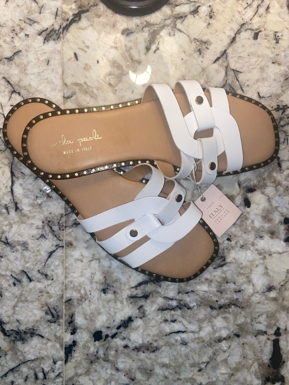 Mila Paoli White Leather Studded Slide Sandals Woman’s Size 9.5